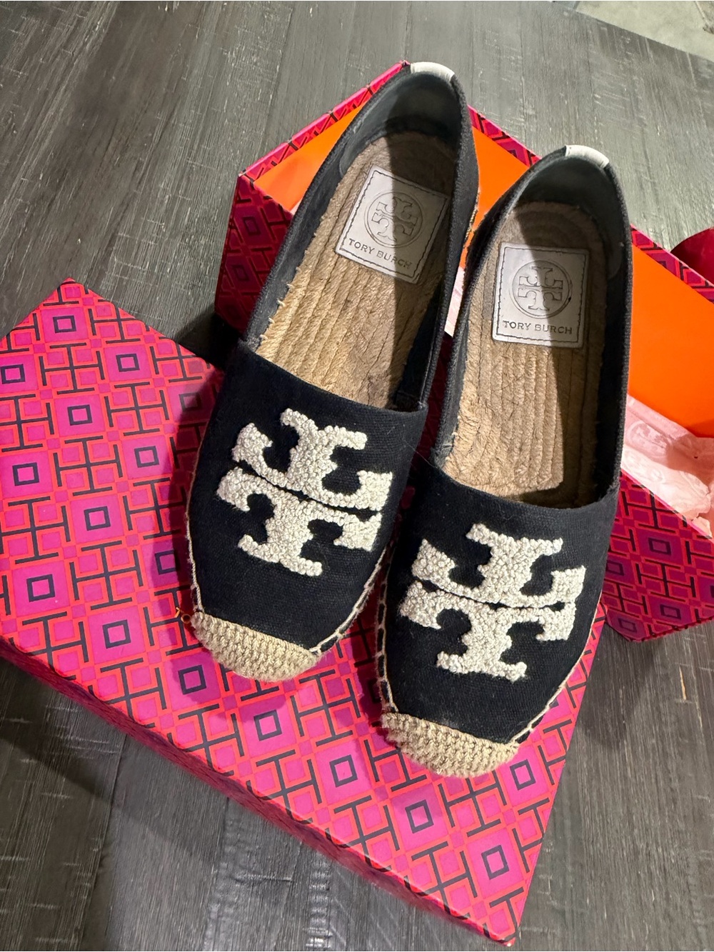 Tory Burch Black Espadrille Slip-Ons with Cream Logo Detail
